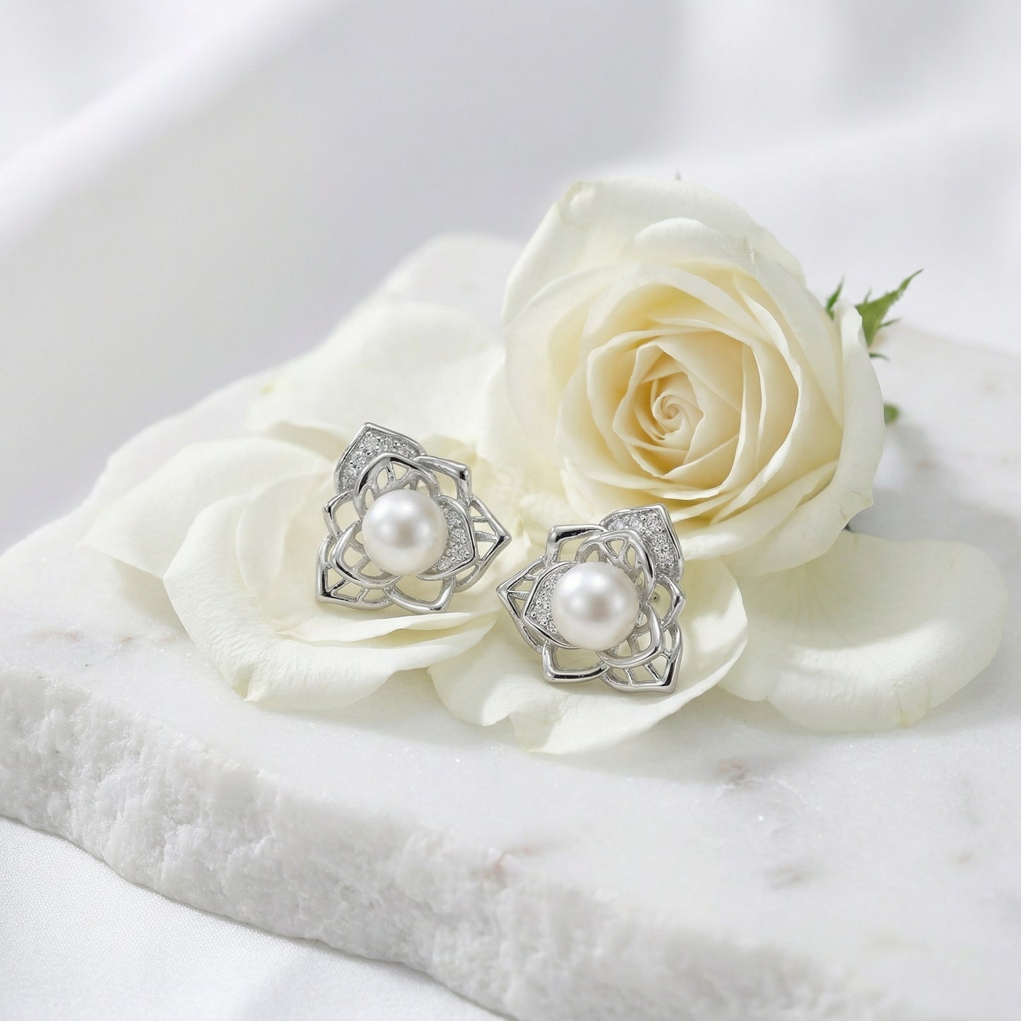 925 Sterling Silver Elegant Floral Sterling Silver Pearl Stud Earrings with Sparkling Accents