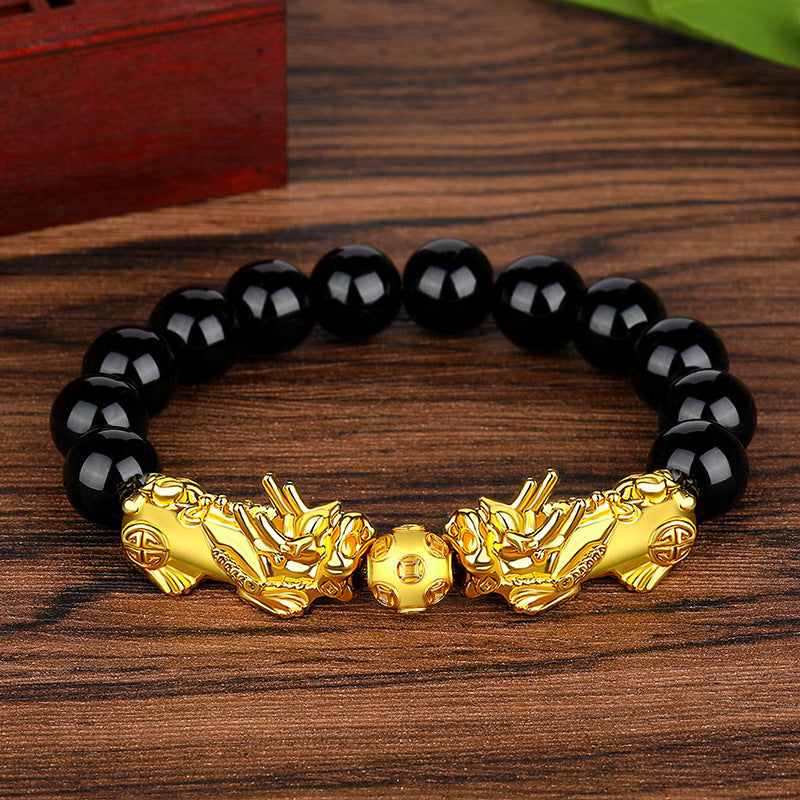 Bracelet Lucky Ancient Silver Obsidian Bead Bracelet