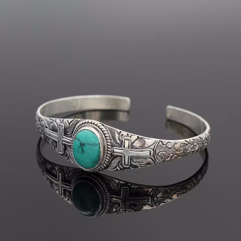 Vintage Carved Cross Turquoise Bracelet