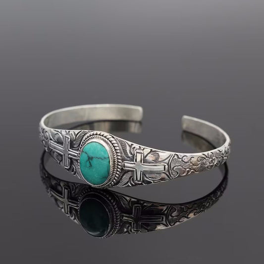 Vintage Carved Cross Turquoise Bracelet