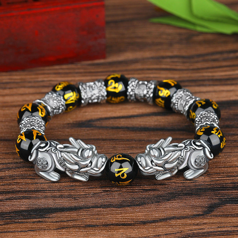 Bracelet Lucky Ancient Silver Obsidian Bead Bracelet
