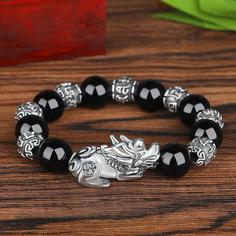 Bracelet Lucky Ancient Silver Obsidian Bead Bracelet