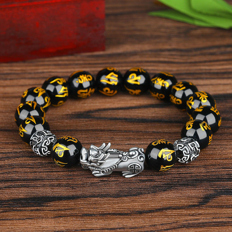 Bracelet Lucky Ancient Silver Obsidian Bead Bracelet