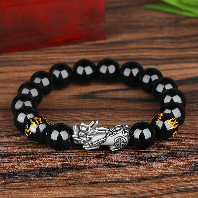 Bracelet Lucky Ancient Silver Obsidian Bead Bracelet