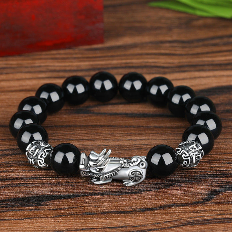 Bracelet Lucky Ancient Silver Obsidian Bead Bracelet