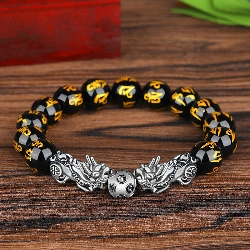 Bracelet Lucky Ancient Silver Obsidian Bead Bracelet