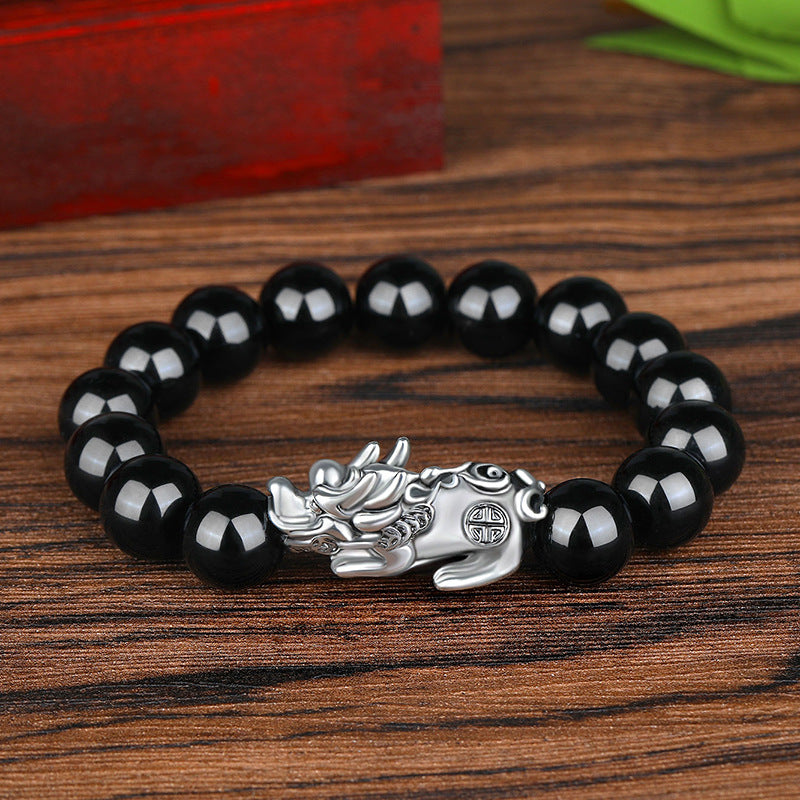 Bracelet Lucky Ancient Silver Obsidian Bead Bracelet