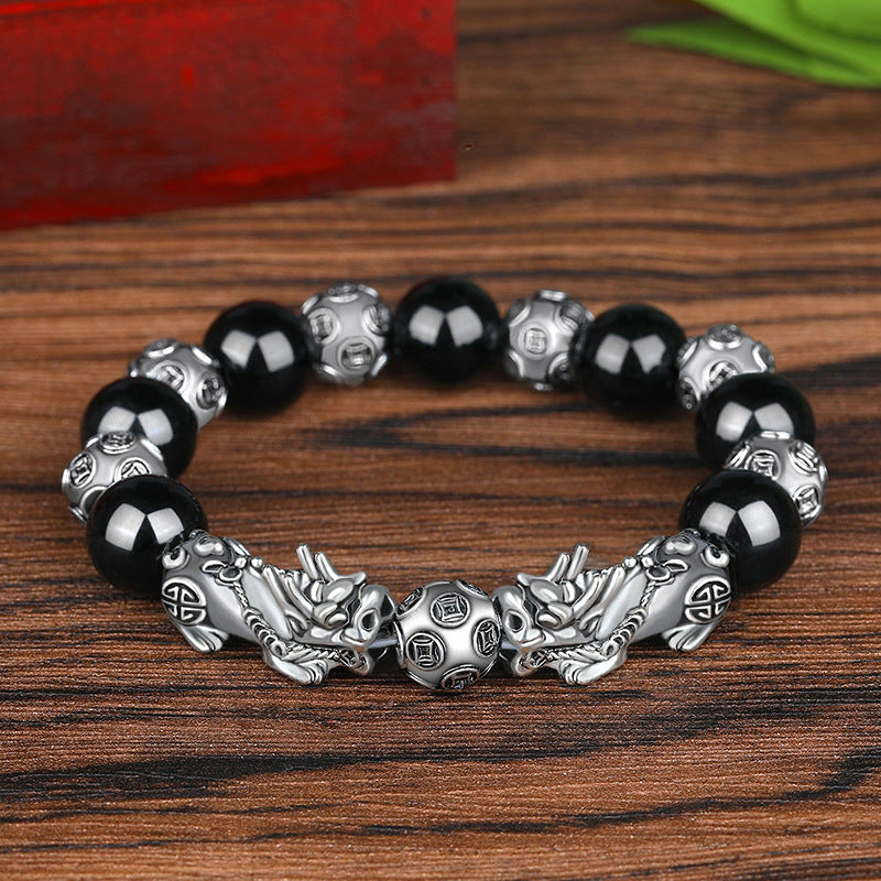 Bracelet Lucky Ancient Silver Obsidian Bead Bracelet