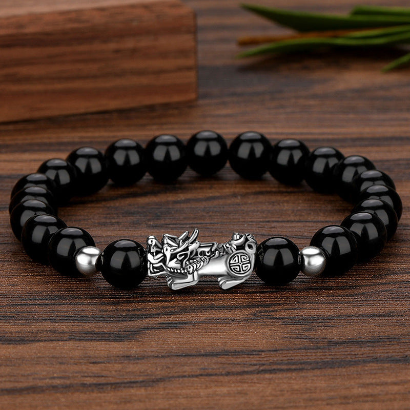 Bracelet Lucky Ancient Silver Obsidian Bead Bracelet