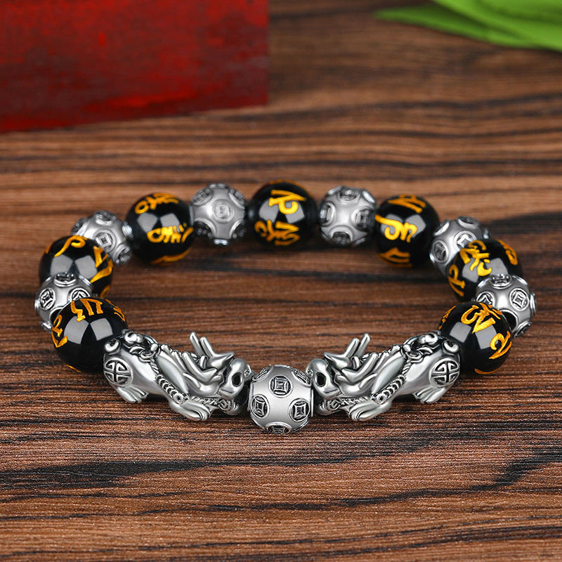 Bracelet Lucky Ancient Silver Obsidian Bead Bracelet