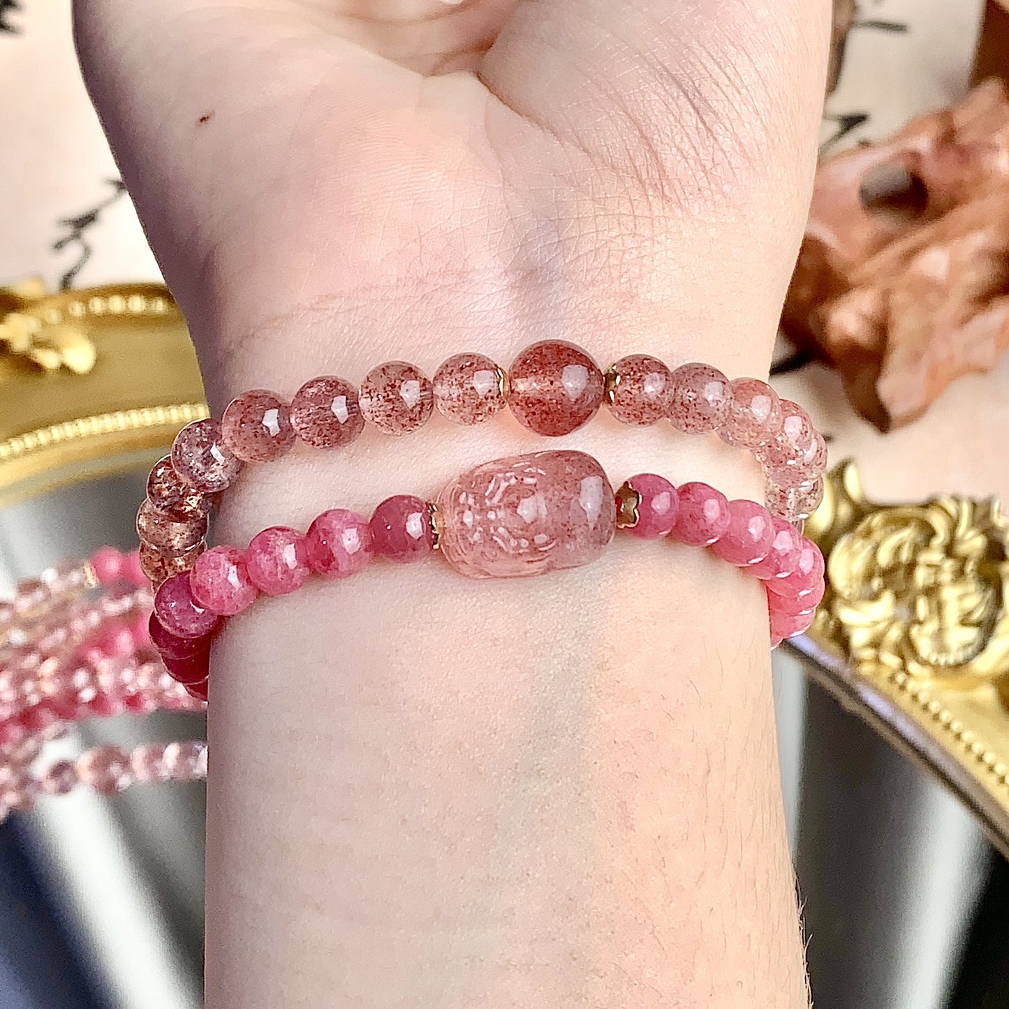 Natural Crystal Bracelet Strawberry Quartz Multi-circle DIY Special-interest Design Crystal Bracelet Ornament