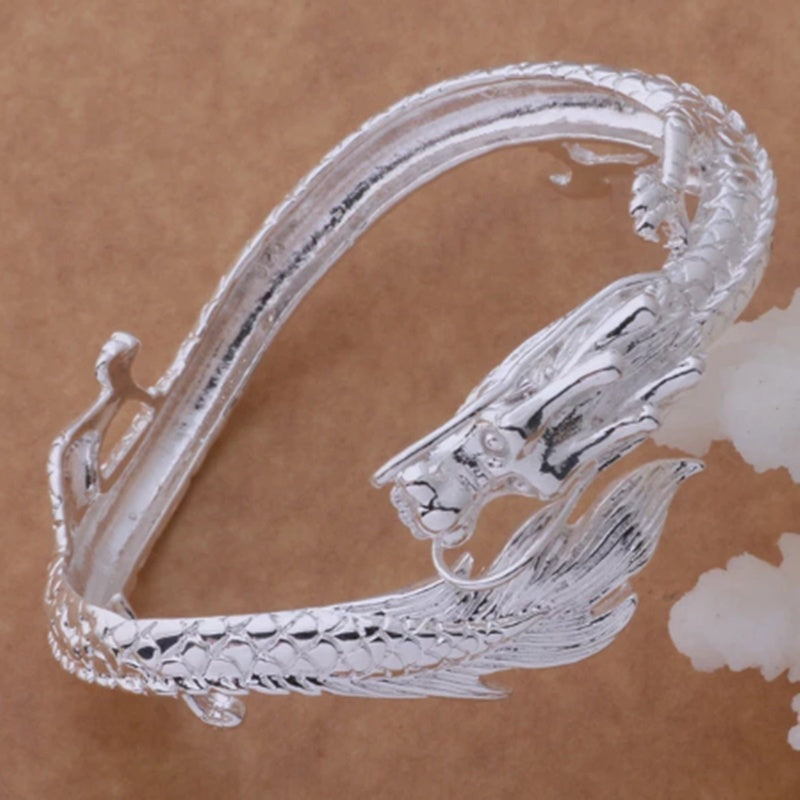 Sterling Silver Bangle Bracelet, Silver Dragon