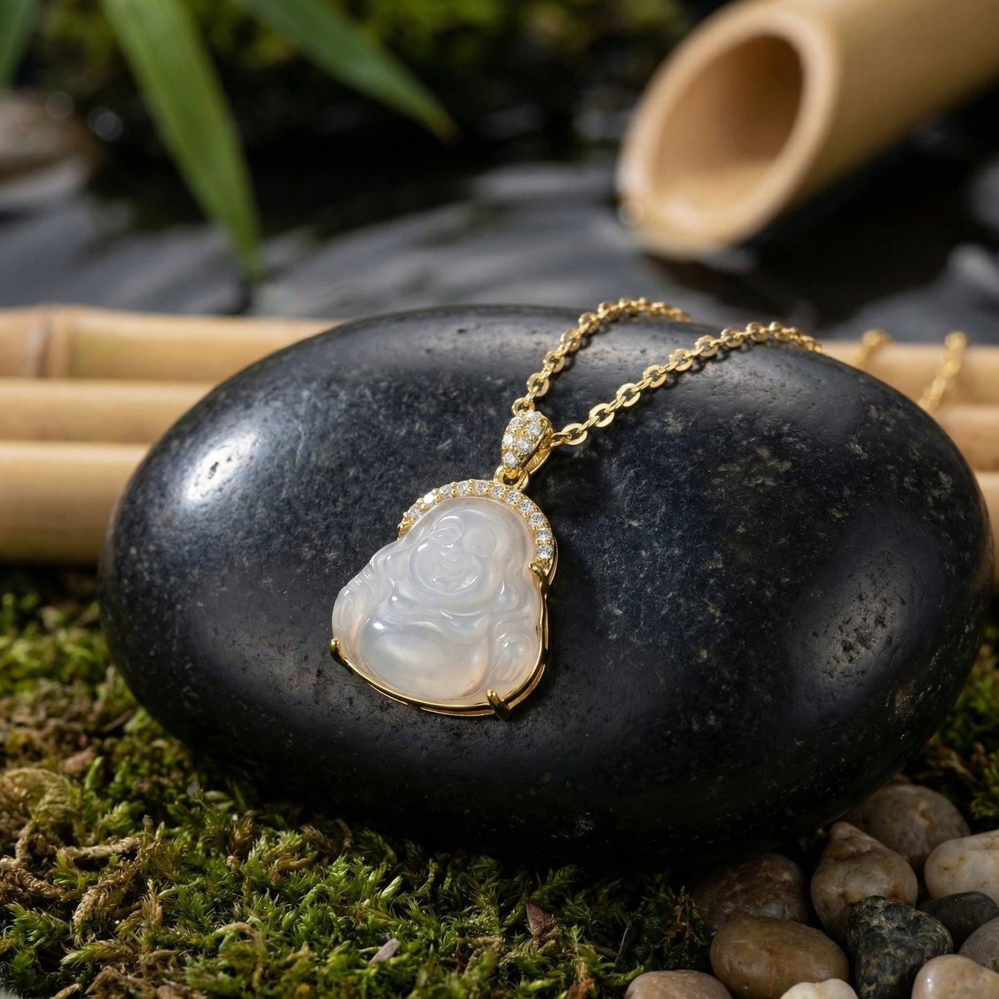 925 Sterling Silver Elegant White Stone Laughing Buddha Necklace with Shimmering Stone Embellishments