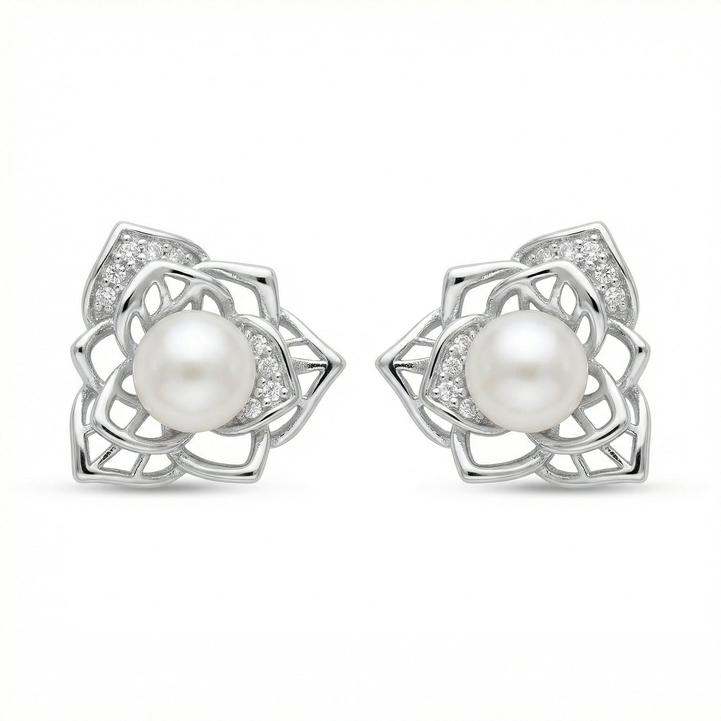 925 Sterling Silver Elegant Floral Sterling Silver Pearl Stud Earrings with Sparkling Accents