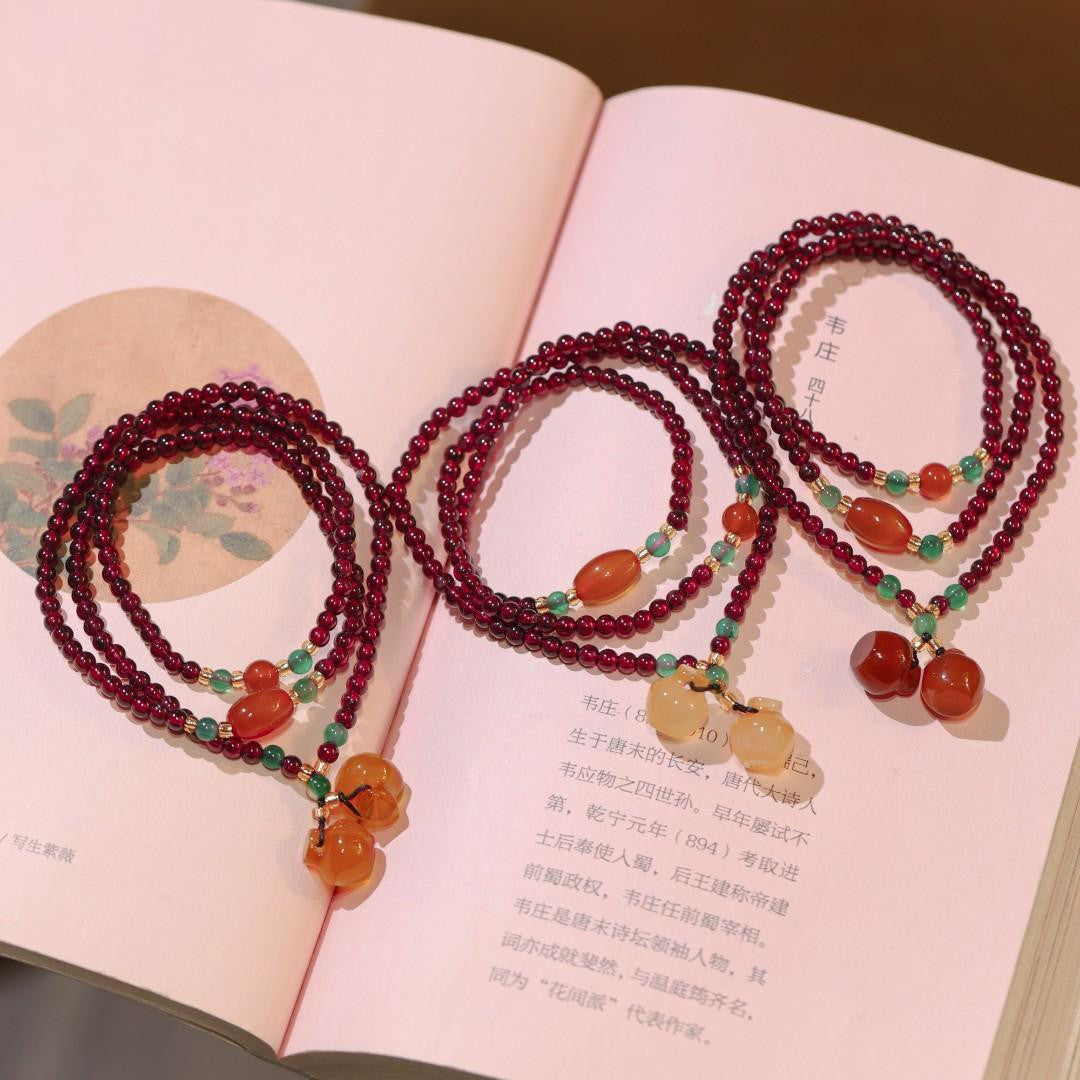 Natural Three Circles Garnet Charm Bracelet