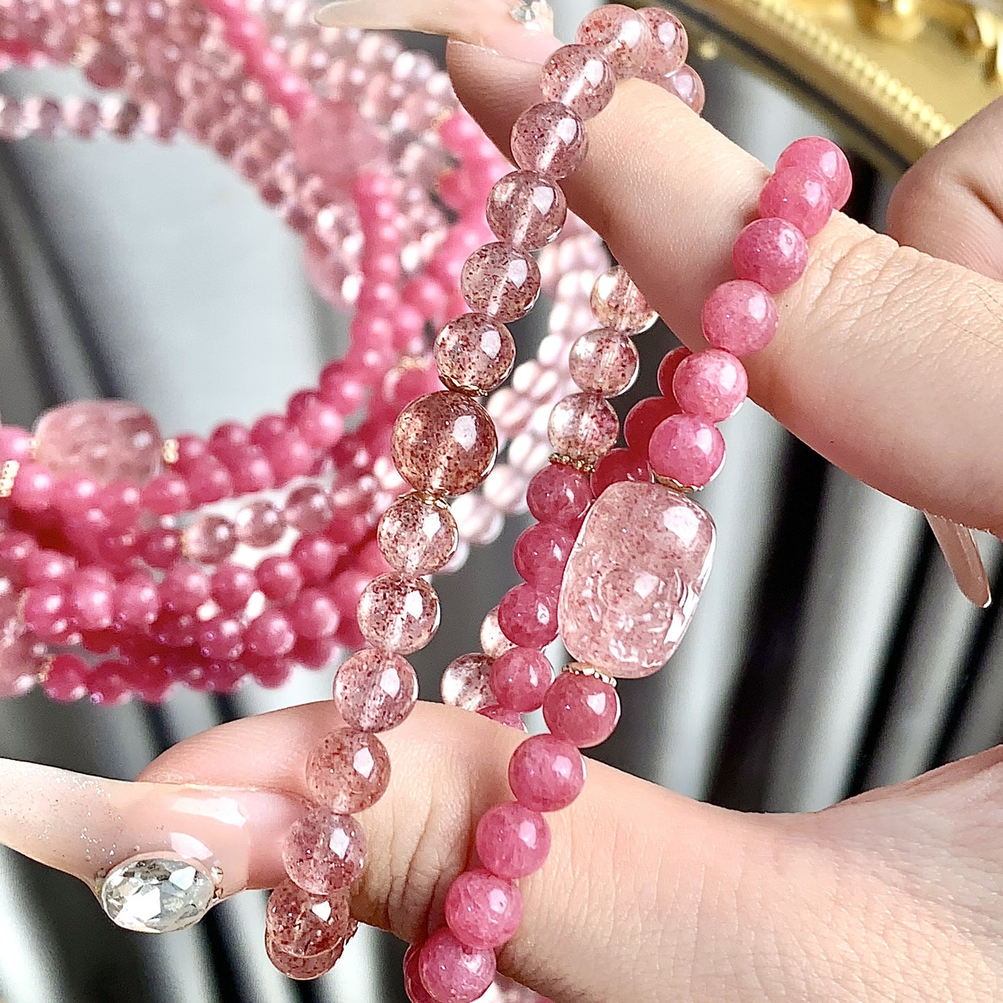 Natural Crystal Bracelet Strawberry Quartz Multi-circle DIY Special-interest Design Crystal Bracelet Ornament