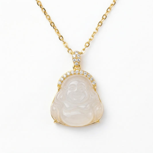 925 Sterling Silver Elegant White Stone Laughing Buddha Necklace with Shimmering Stone Embellishments