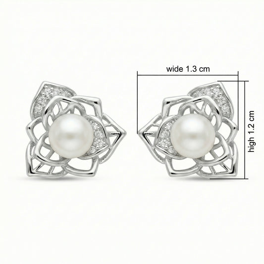 925 Sterling Silver Elegant Floral Sterling Silver Pearl Stud Earrings with Sparkling Accents