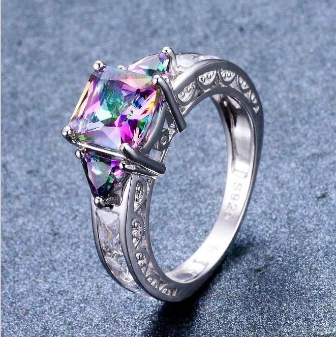 S925 Sterling Silver Colorful Opal  Sterling Silver Diamond Ring
