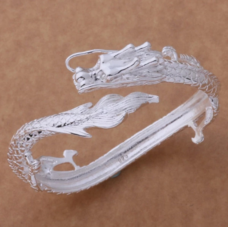 Sterling Silver Bangle Bracelet, Silver Dragon